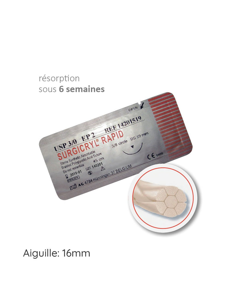 SURGICRYL PGA RAPID™ fil de suture en aiguille 16mm et Fil : Ø 3/0 ,4/0 et 5/0