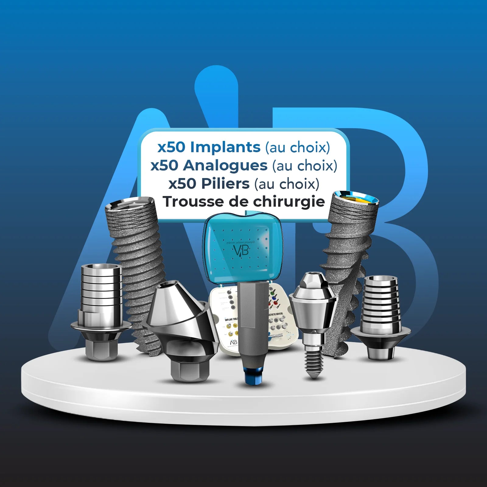 50 Implants & Trousse de chirurgie + 50 Piliers + 50 Analogues (Tout au choix) - AB Dental