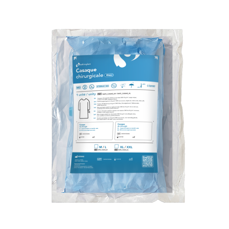 Casaque chirurgicale Stérile – SMMMS Non-tissé. Grammage : 43 g/m². Tailles disponibles : M, L, XL, XXL