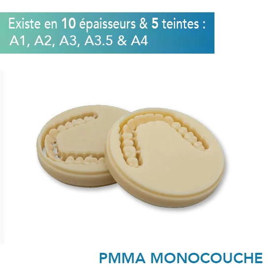 Disque PMMA Monocouche - Teintes A1, A2, A3, A3.5 & A4 - 10 épaisseurs - HUGE - Safe Implant