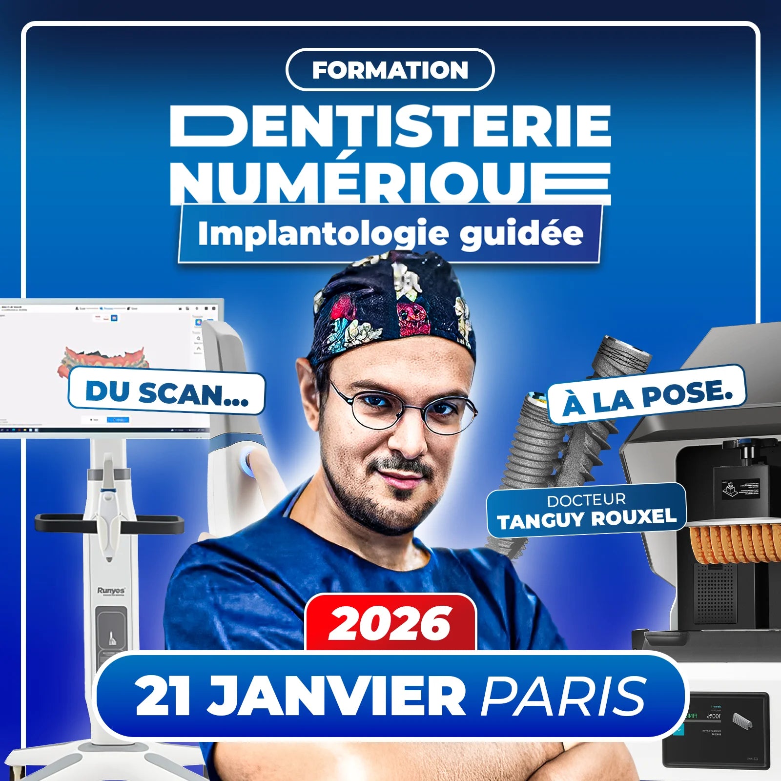 Formation Dentisterie Numérique - Implantologie guidée - 21 Janvier 2026 Paris - Entrez pleinement dans l’ère numérique et transformez votre pratique implantaire. Cette formation intensive vous guide pas à pas dans l’utilisation clinique du CBCT, de la caméra intra-orale et de l’impression 3D, jusqu’à la conception et la pose d’implants avec guides chirurgicaux statiques postérieurs et antérieurs.