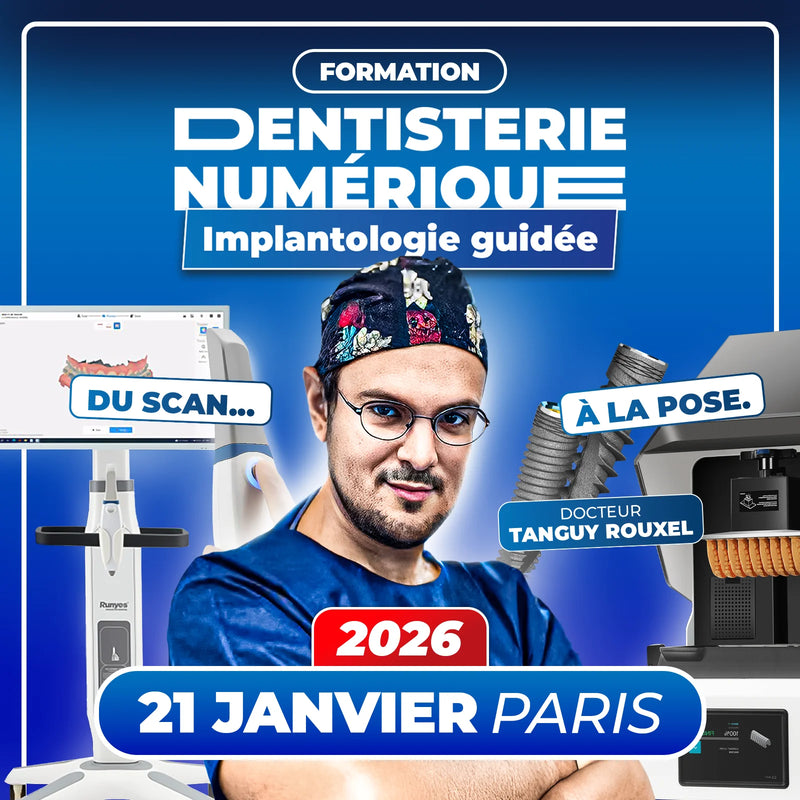 Formation Dentisterie Numérique - Implantologie guidée - 21 Janvier 2026 Paris - Entrez pleinement dans l’ère numérique et transformez votre pratique implantaire. Cette formation intensive vous guide pas à pas dans l’utilisation clinique du CBCT, de la caméra intra-orale et de l’impression 3D, jusqu’à la conception et la pose d’implants avec guides chirurgicaux statiques postérieurs et antérieurs.