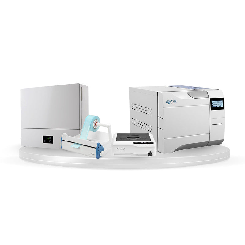 Pack de stérilisation dentaire composé de l’autoclave Fast & Dry 23 L modèle ECSS23AB Esco Medical, du système d’osmose inverse pour autoclave et distilleur d’eau Esco Medical, du nettoyeur à ultrasons 6 L CLEAN-02 Runyes et de la soudeuse SEAL-120 Runyes. Solutions professionnelles pour la stérilisation et la désinfection en cabinet dentaire, garantissant sécurité, efficacité et conformité aux normes d’hygiène.