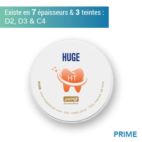 Disque de zircone prime à haute translucidité (HT) - Teintes D2, D3 & D4 - 7 épaisseurs - HUGE - Safe Implant