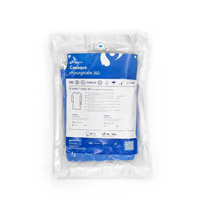 Casaque chirurgicale Stérile - Safe Implant – SMMMS Non-tissé. Grammage : 43 g/m². Tailles disponibles : M, L, XL, XXL - Safe Implant
