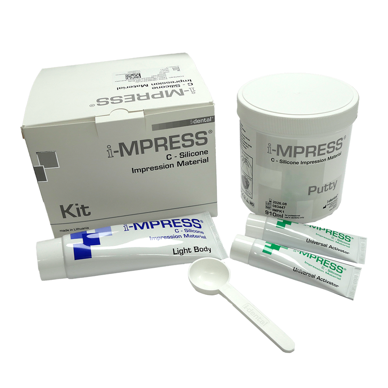i-MPRESS - Kit Avancé d'Empreinte Dentaire est la solution complète pour des empreintes dentaires de haute précision. L'ensemble comprend 200 ml de mastic, 40 ml de corps léger, 30 ml de gel activateur universel, un bloc de mélange et un distributeur.