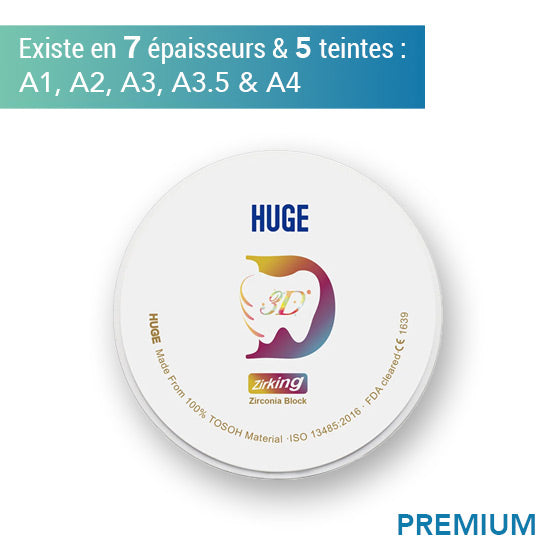 Disque zircone premium 3D - Teintes A1, A2, A3, A3.5 & B4 - 7 épaisseurs - HUGE - Safe Implant